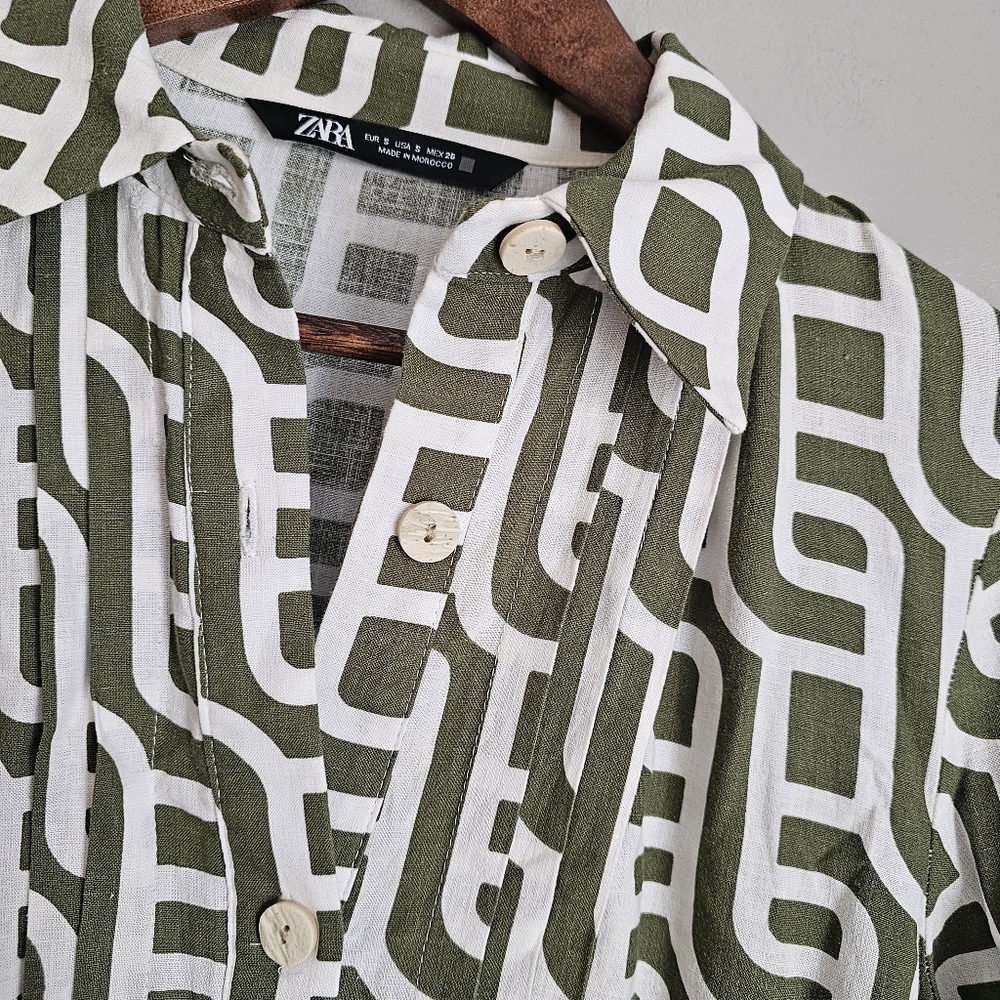 Zara linen blend geometric print collared Mini Dress Size Small